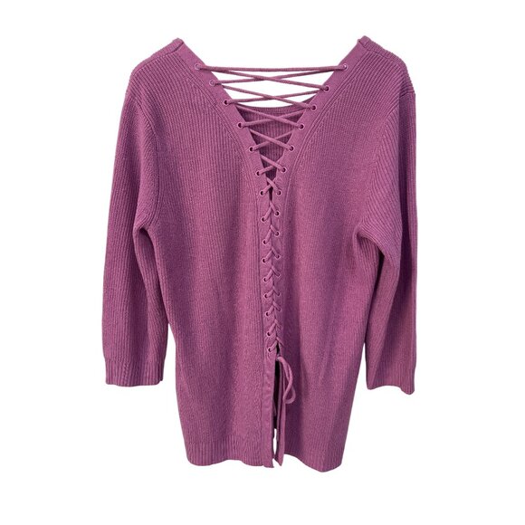 Soho New York and Company Sweater Size XL Lace Up Back 3/4 Sleeve Ribbed Knitted - Picture 3 of 8